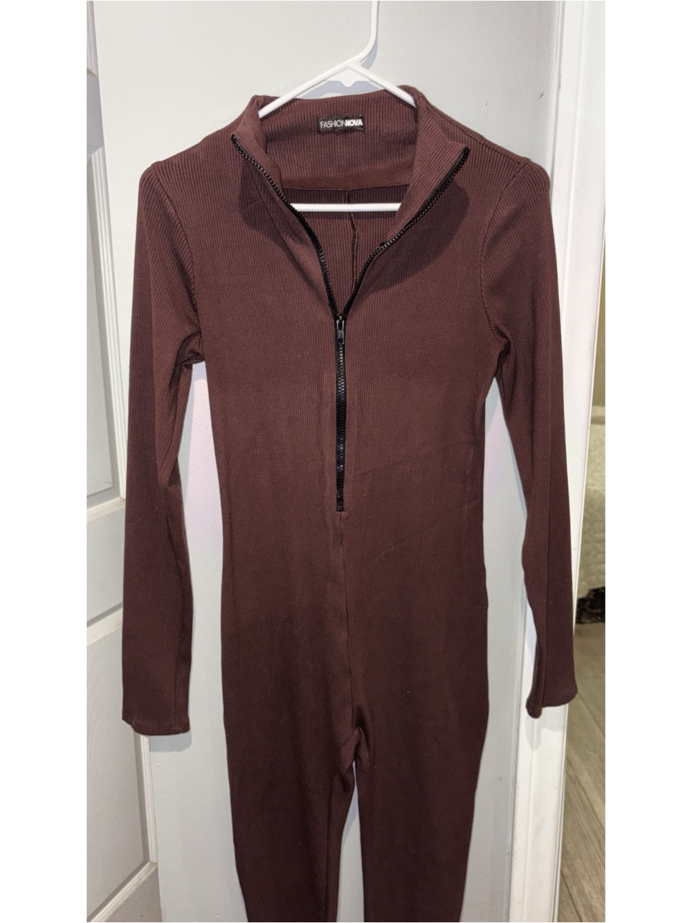 Fashion Nova Brown Ribbed Half-Zip Jumpsuit